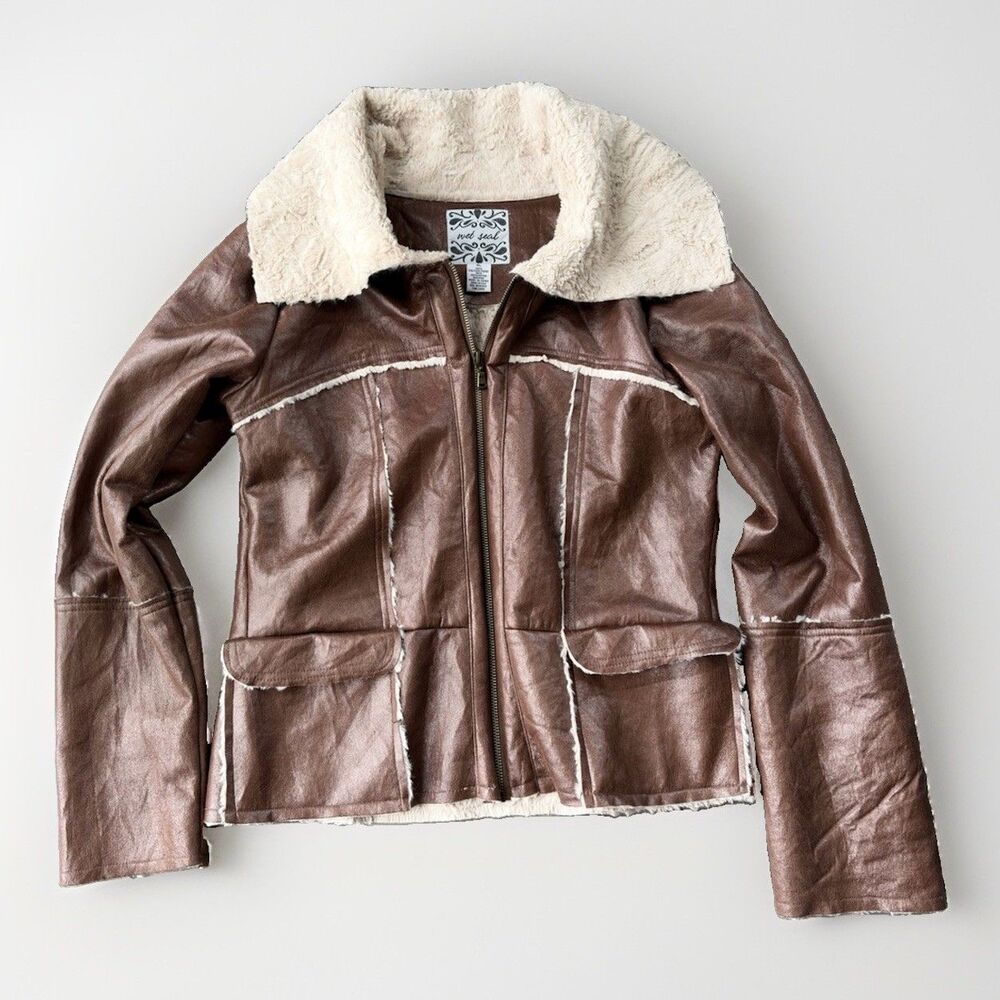 Vtg Wet Seal Y2K Brown Faux Leather Jacket Sherpa Shearling Lined Trim Coat XL